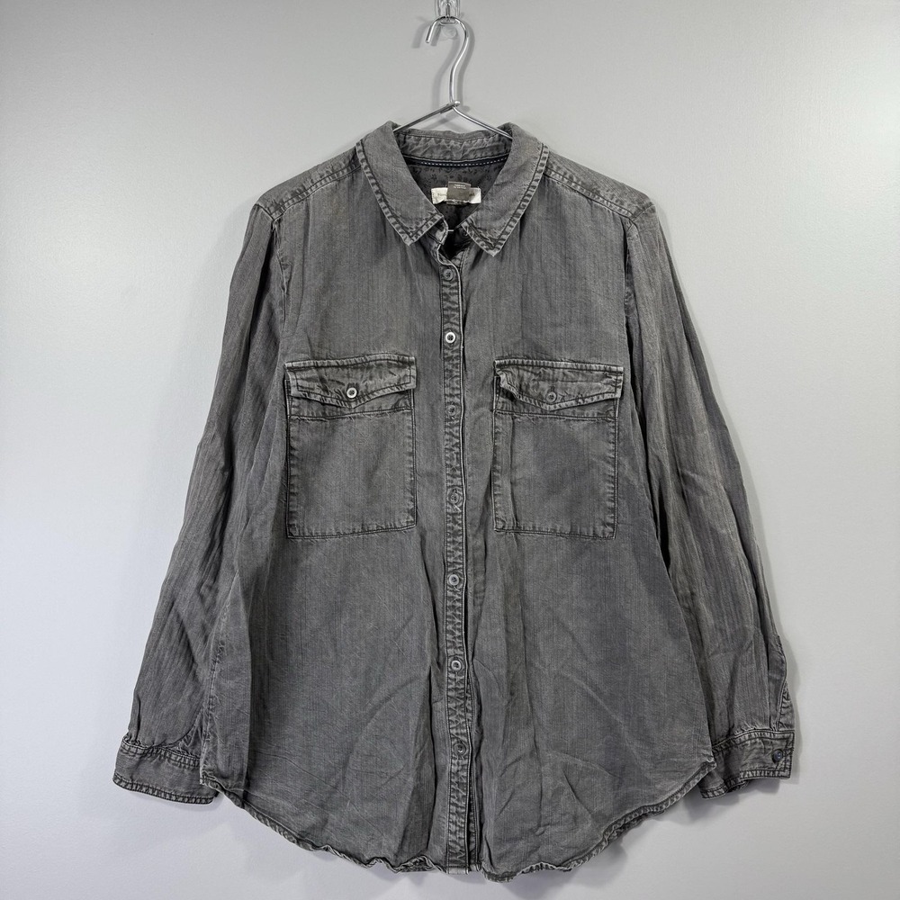 Pilcro By Anthropologie Shirt Womens Large Gray Herringbone Button Up Tunic